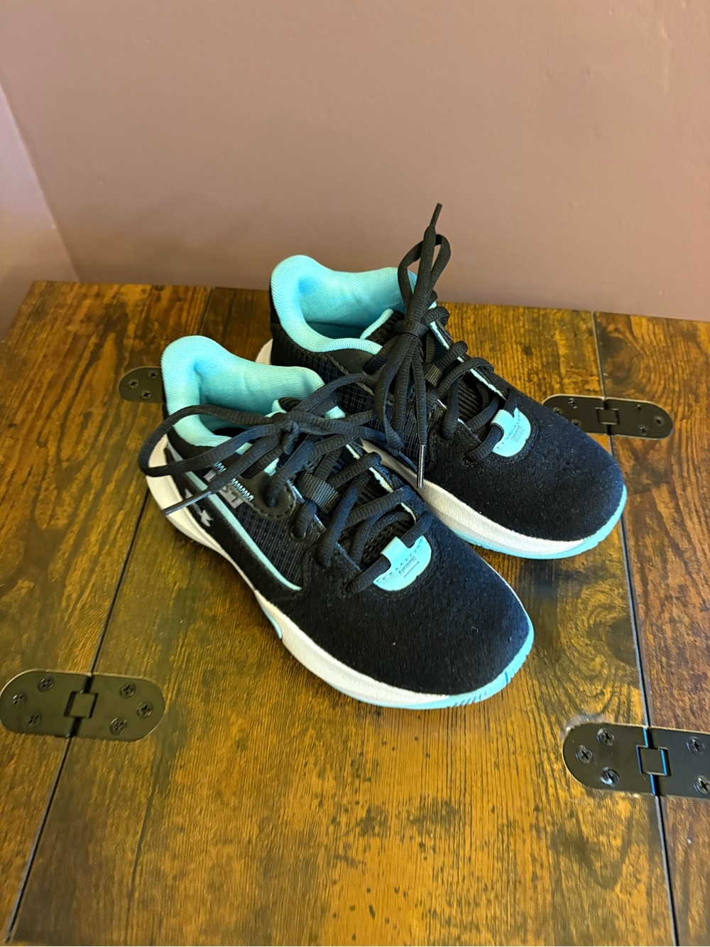 Kids Black and aqua Under Armour Athletic Sneakers - size 13